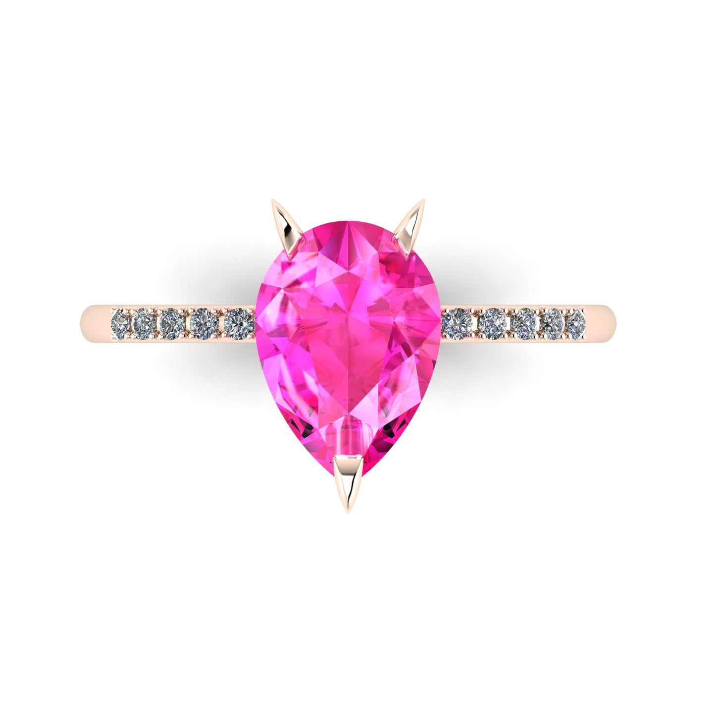 Calista engagement ring, featuring a vibrant 2-carat pear-shaped pink sapphire on an 18ct rose gold band with sparkling white diamond shoulders.