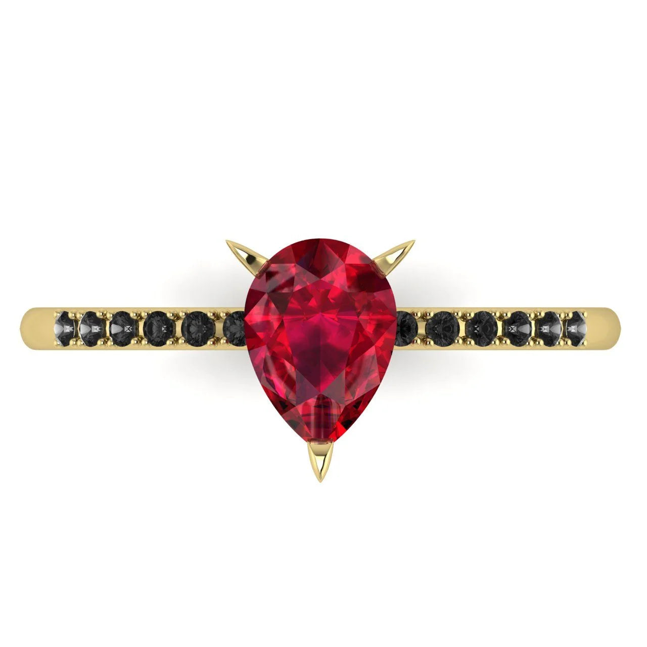 Top-down studio hero shot of the Calista engagement ring, featuring a vibrant pear-shaped red ruby on an 18ct yellow gold band with black diamond shoulders.