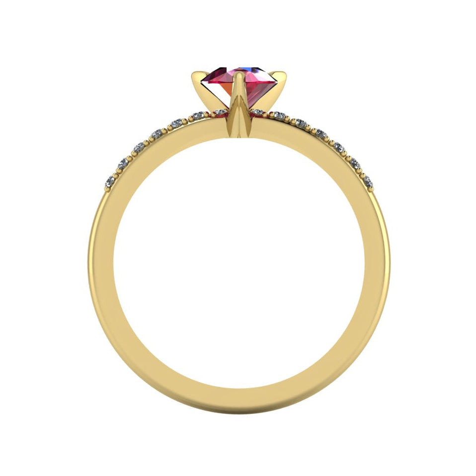 Through-finger view of the 18ct yellow gold ruby ring, displaying the smooth, polished interior under-gallery and precise stone settings.