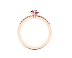 Through-finger view of the 18ct rose gold ruby ring, displaying the smooth, polished interior under-gallery and precise stone settings.
