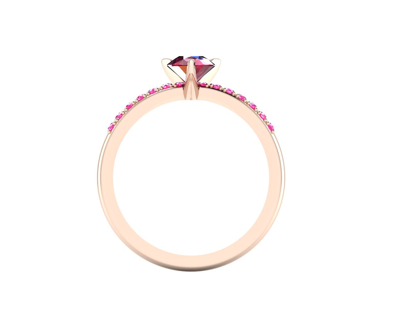 Through-finger view of the 18ct rose gold ring, showing the clean interior under-gallery and precise craftsmanship of the pink sapphire settings.