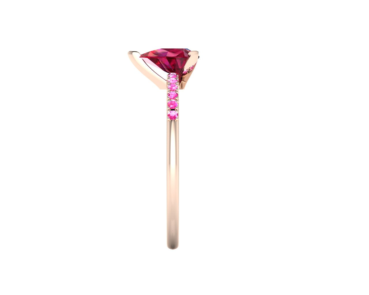 Side profile product photo of the Calista ring, displaying the sleek three-prong basket setting holding the pear-cut ruby.