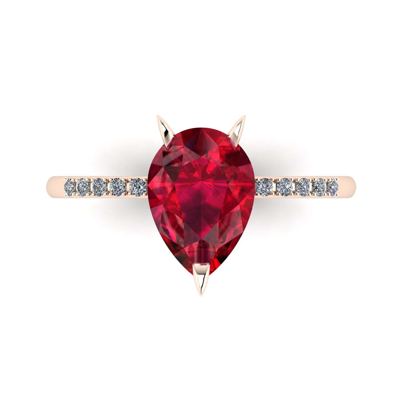 Top-down studio hero shot of the Calista engagement ring, showcasing a prominent 2-carat pear-shaped red ruby on a polished rose gold band.