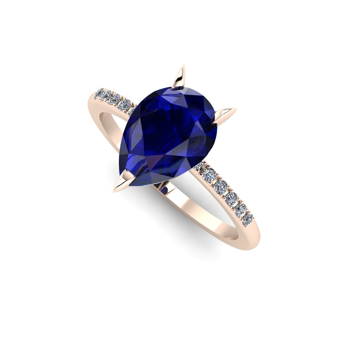 Front three-quarter studio view of the Calista sapphire ring, highlighting the row of brilliant white pavé diamonds set beautifully into the warm rose gold shoulders.