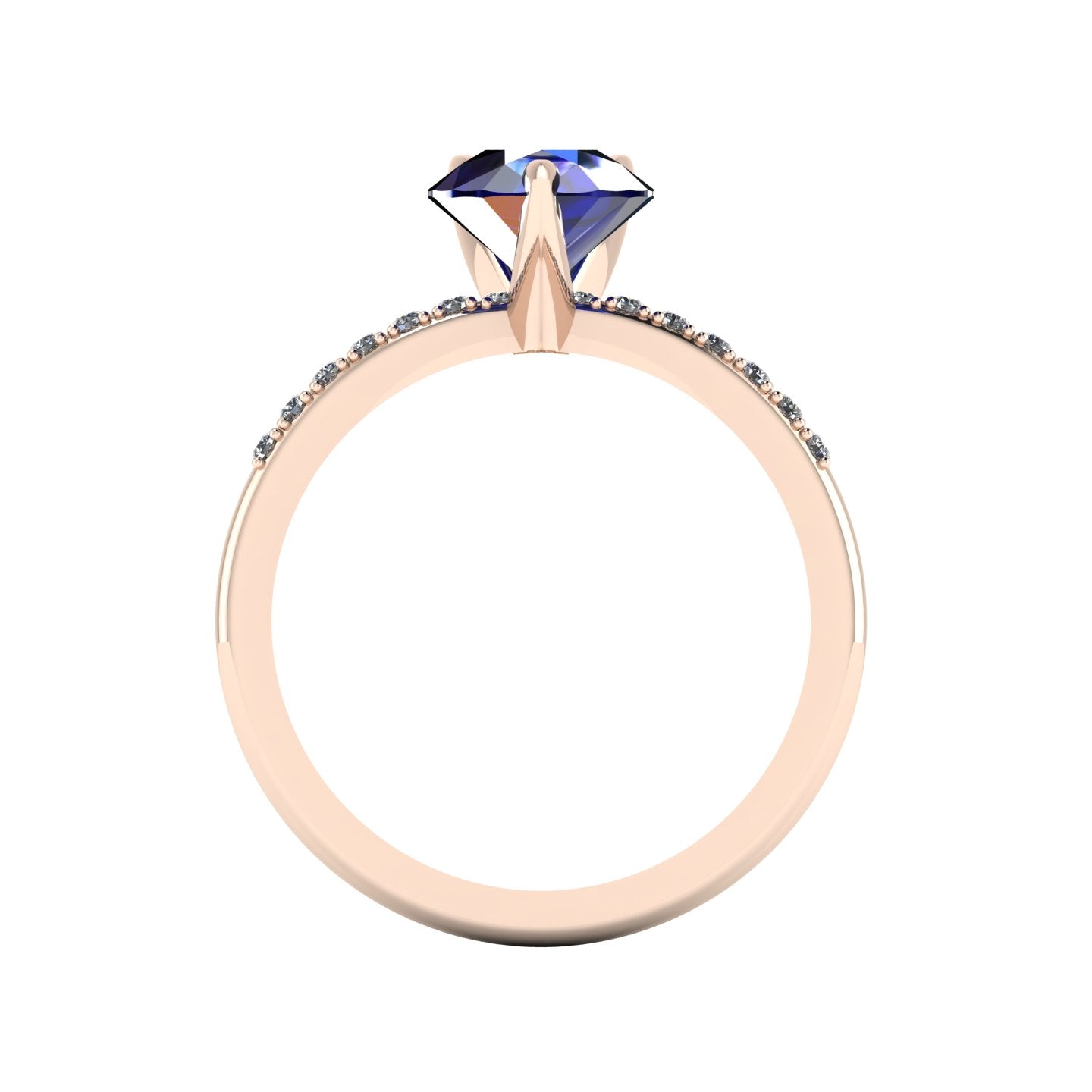 Through-finger view of the 18ct rose gold sapphire ring, showing the smooth, polished interior under-gallery and precise stone settings.