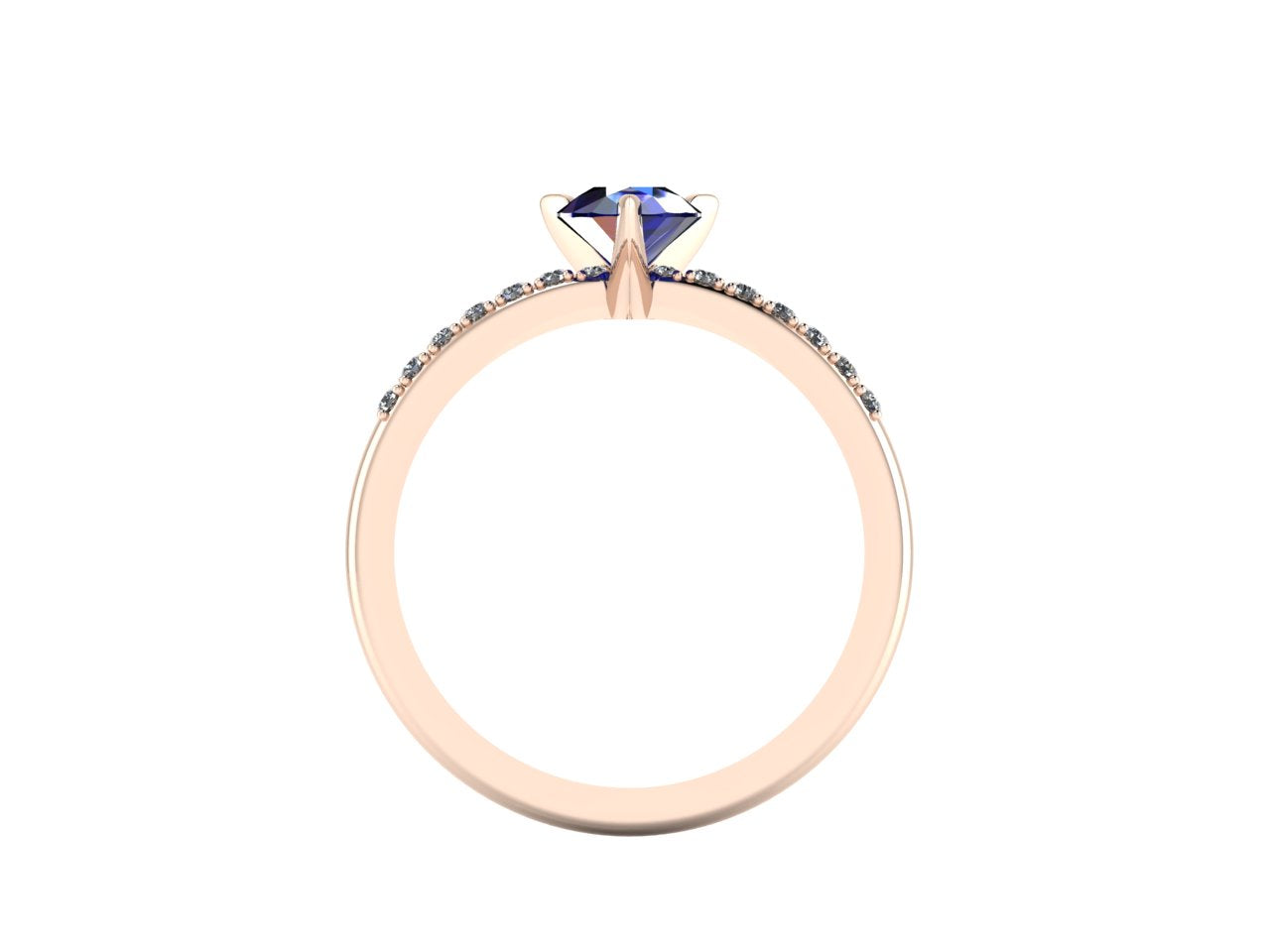 Through-finger view of the 18ct rose gold sapphire ring, displaying the clean interior under-gallery and precise craftsmanship of the diamond settings.