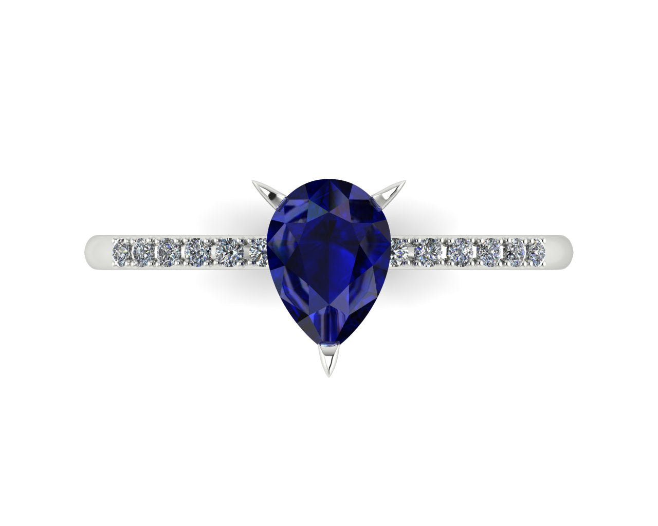Detail shot of the Calista alternative bridal ring, showing the rich depth of colour and facet reflections within the central blue sapphire.