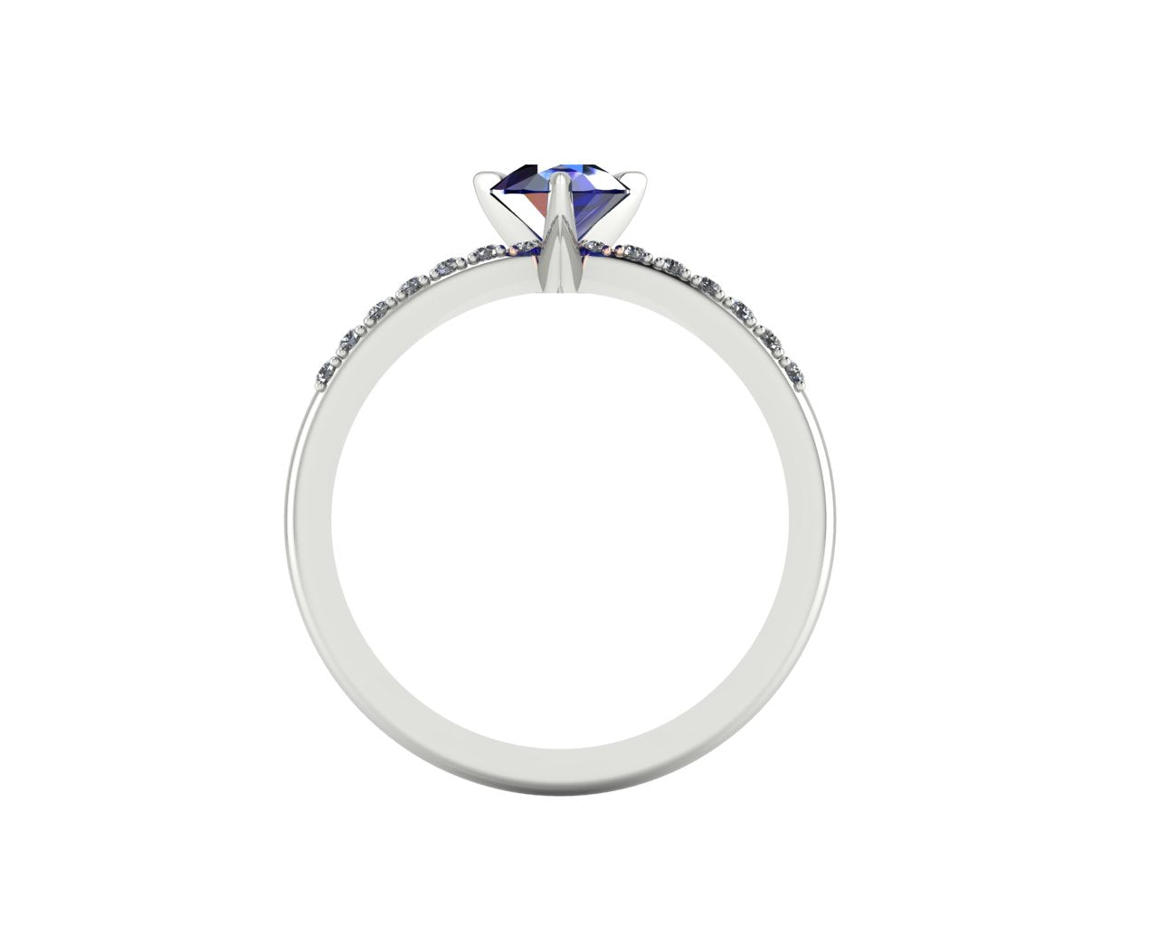 Through-finger view of the 18ct white gold or platinum sapphire ring, showing the smooth interior under-gallery and precise stone settings.