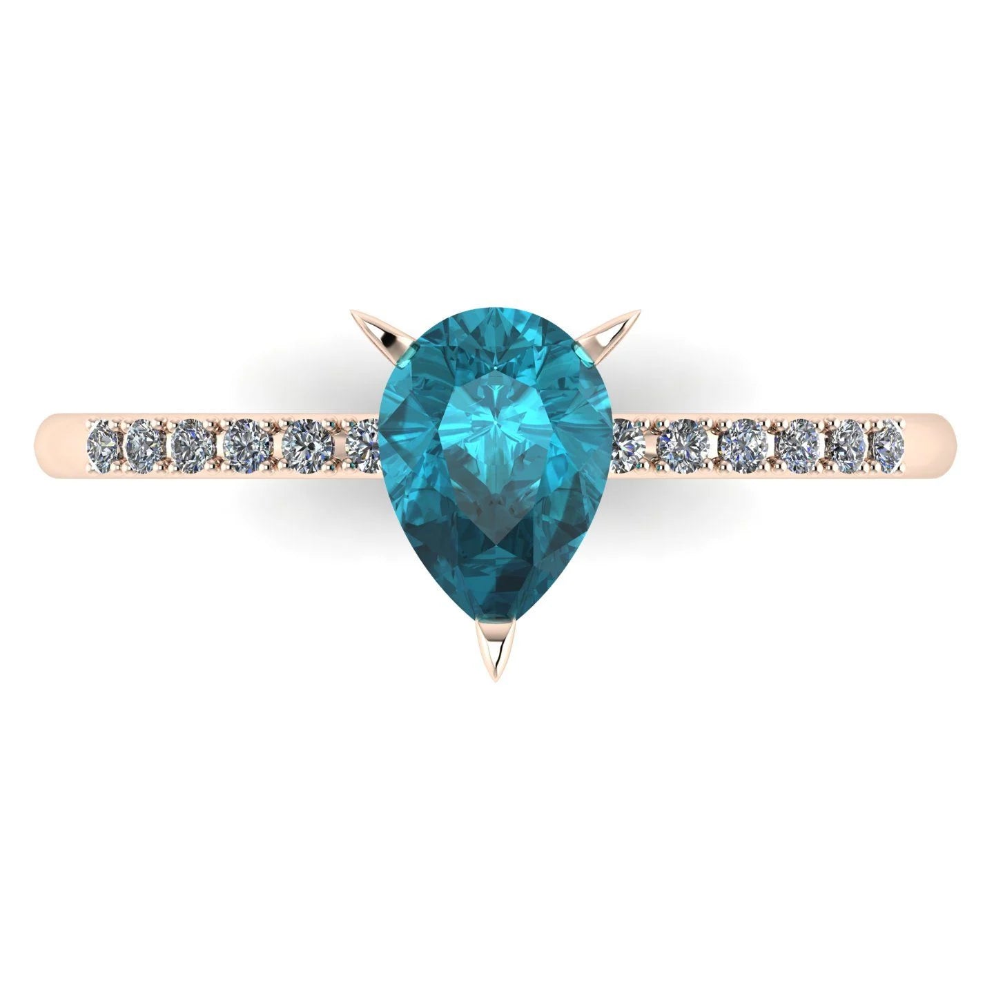 Calista 18ct rose gold ring, featuring a rich pear-shaped teal sapphire with white diamonds.