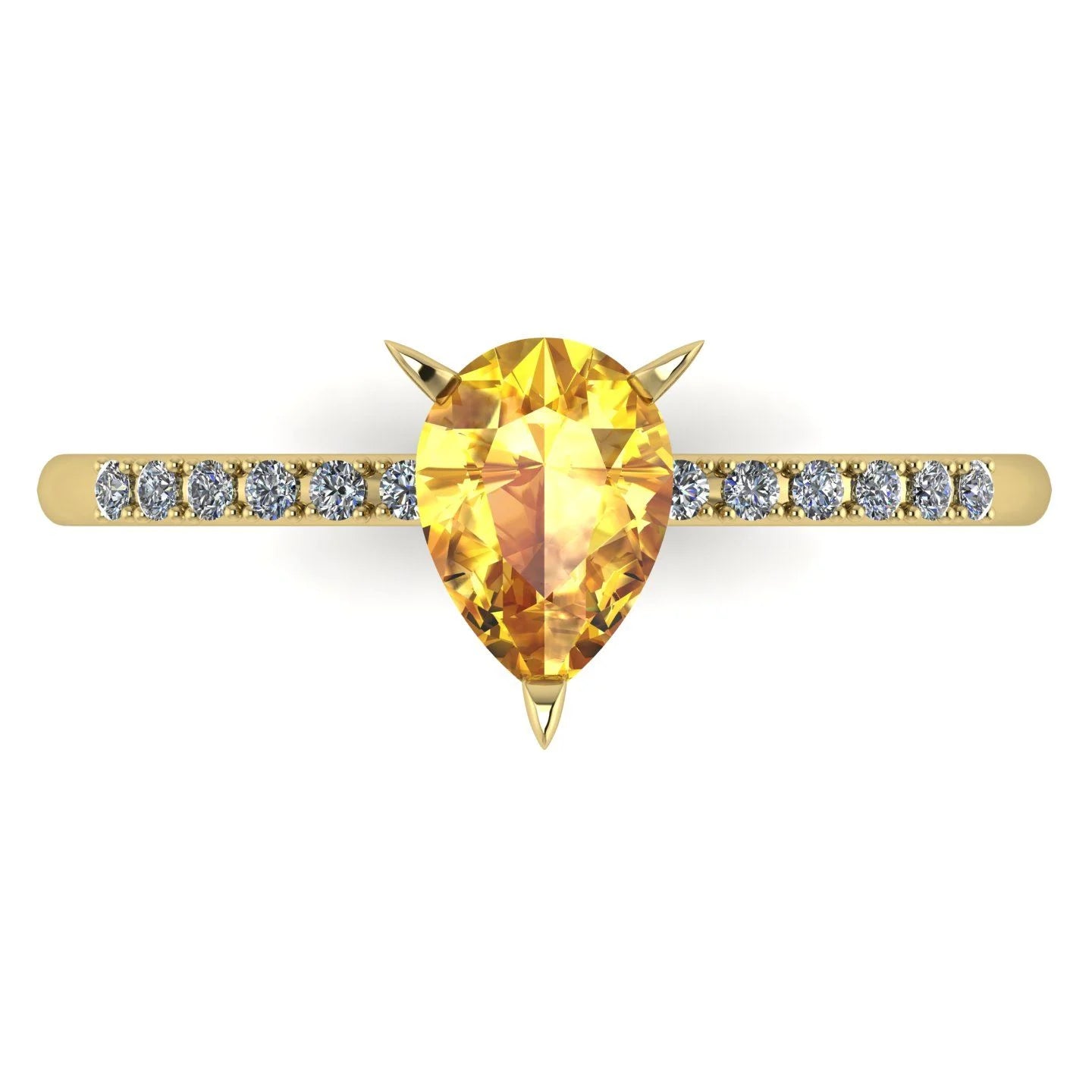 Top view of the yellow gold Calista ring, showcasing the raised basket setting for the pear sapphire and the diamond-set shoulders.
