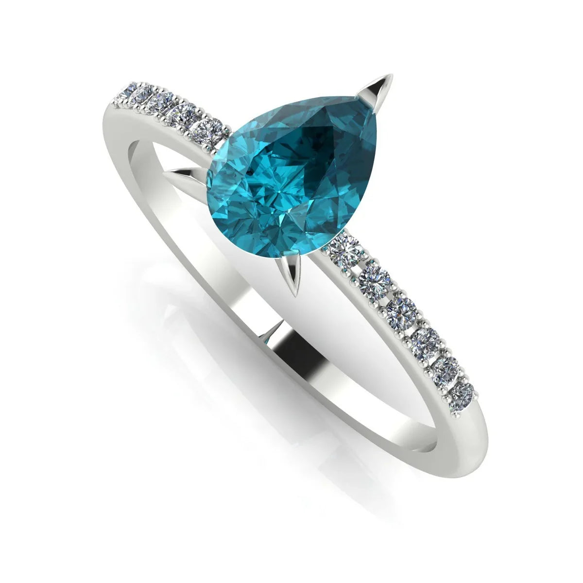 Front three-quarter studio view of the Calista 18ct white gold ring, showcasing the pear-cut teal sapphire and diamond-set shoulders