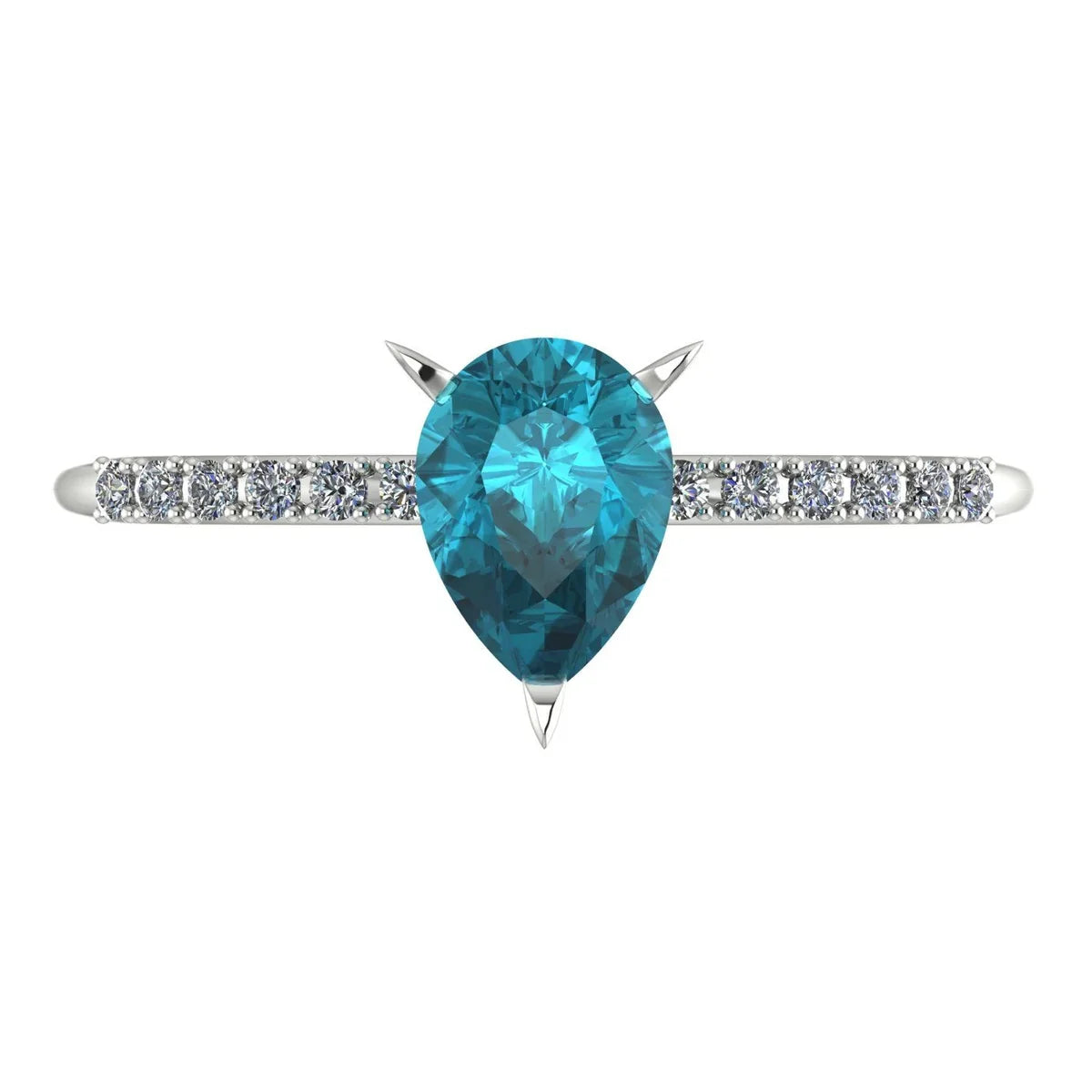 Calista pear shaped teal sapphire and diamond engagement ring in 18ct white gold, top-down view showing the pear-cut teal sapphire and diamond shoulders, handmade in our London studio