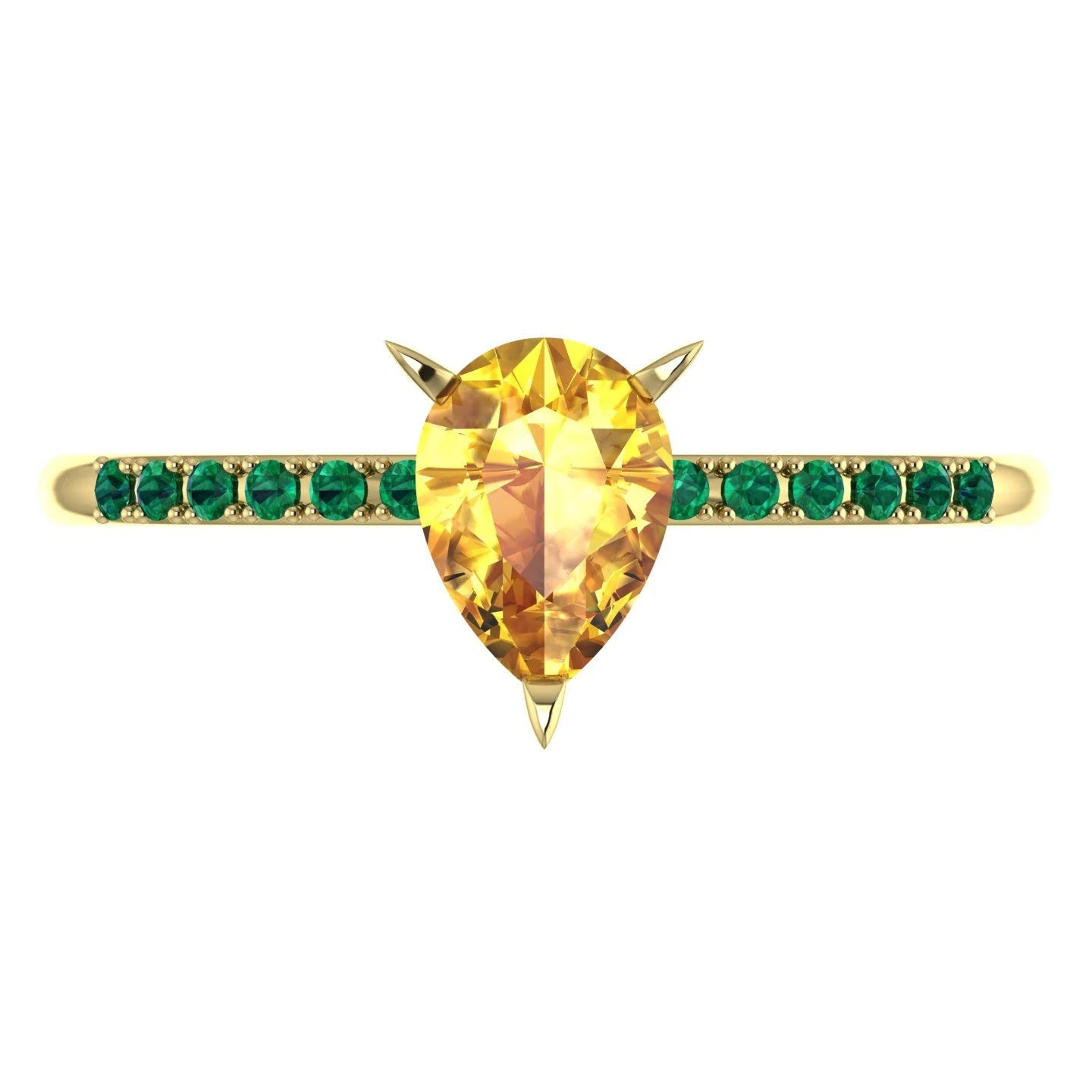 Top-down hero shot of the Calista 18ct yellow gold ring, featuring a vibrant pear-shaped yellow sapphire framed by a halo of lush green emeralds