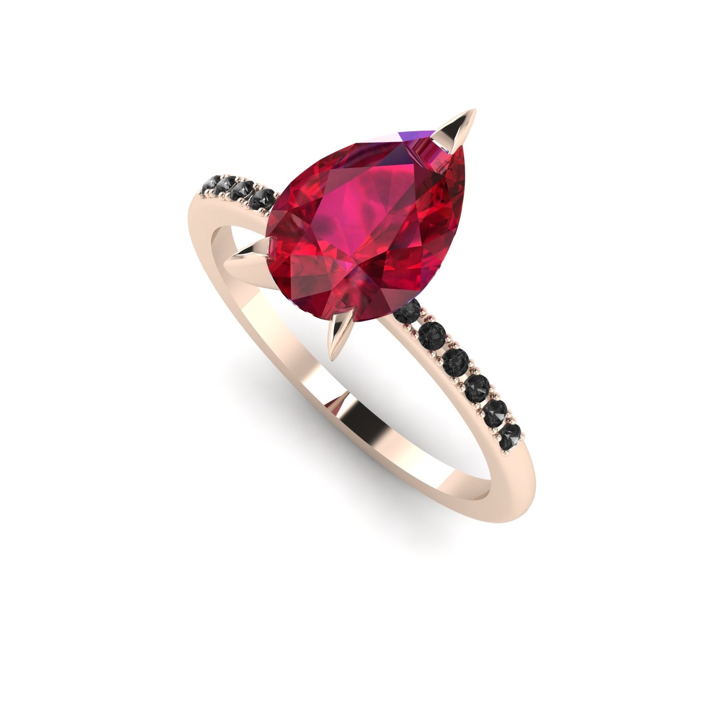 High angle studio detail shot of the Calista alternative bridal ring, showing the deep red tones of the ruby facets against the dark shoulder stones.