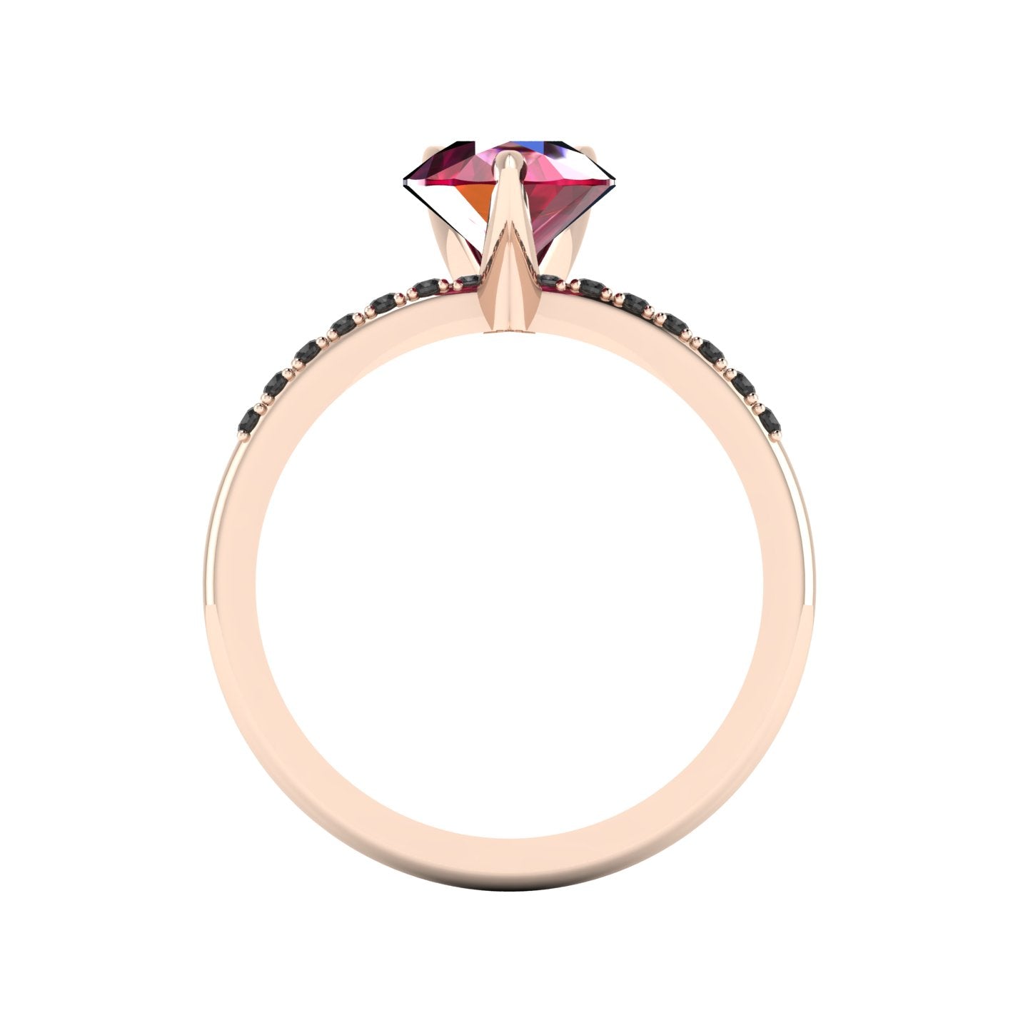 Through-finger view of the 18ct rose gold ruby ring, displaying the clean interior under-gallery and custom black diamond settings.