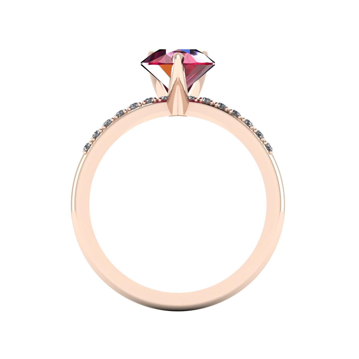Through-finger view of the 18ct rose gold ruby ring, displaying the clean interior under-gallery and precise gemstone settings.