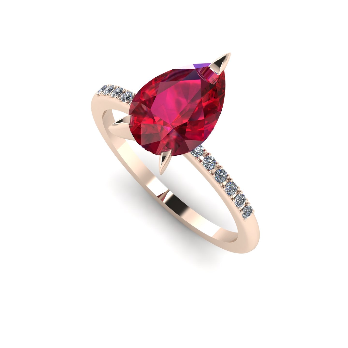 Front three-quarter studio view of the Calista ruby ring, highlighting the brilliant white diamonds pavé-set into the warm rose gold shoulders.