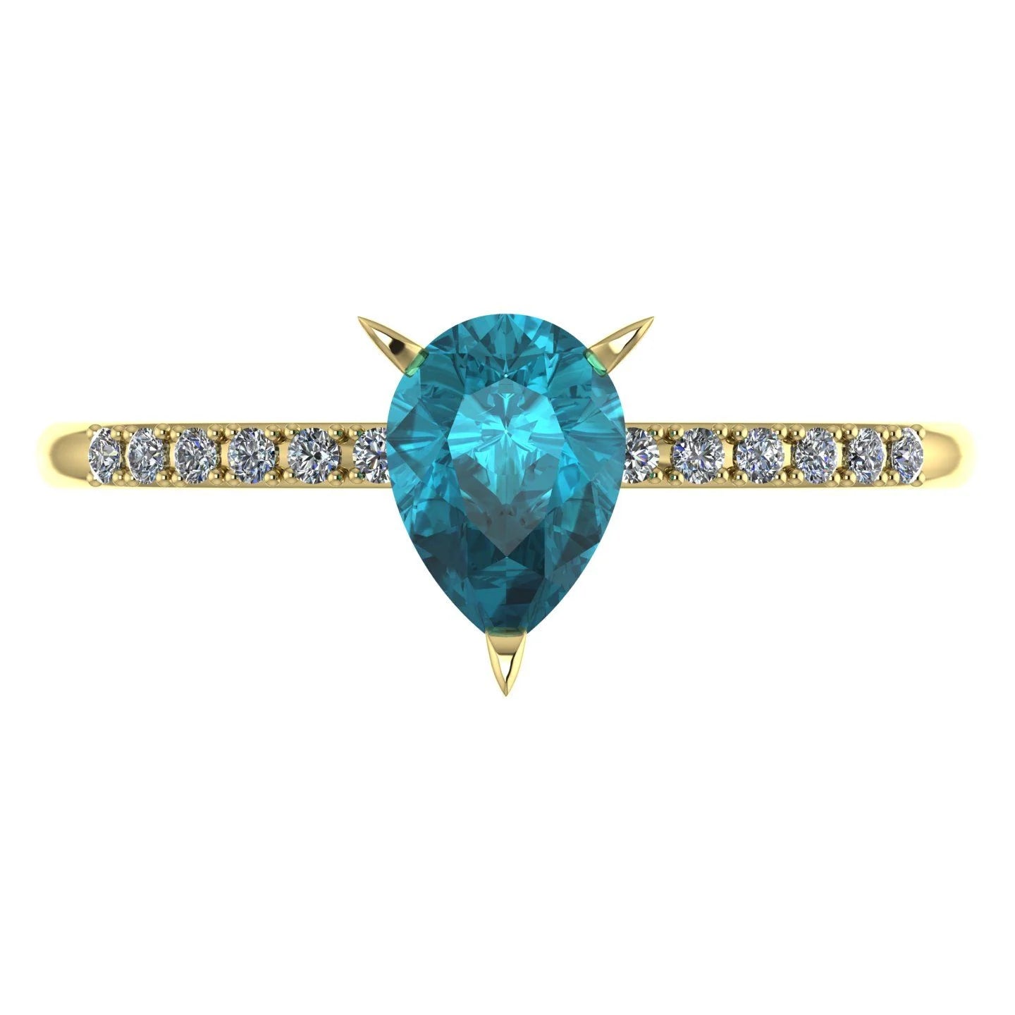 Top view of the Calista 18ct yellow gold ring, featuring a rich pear-shaped teal sapphire surrounded by a halo of white diamonds. 