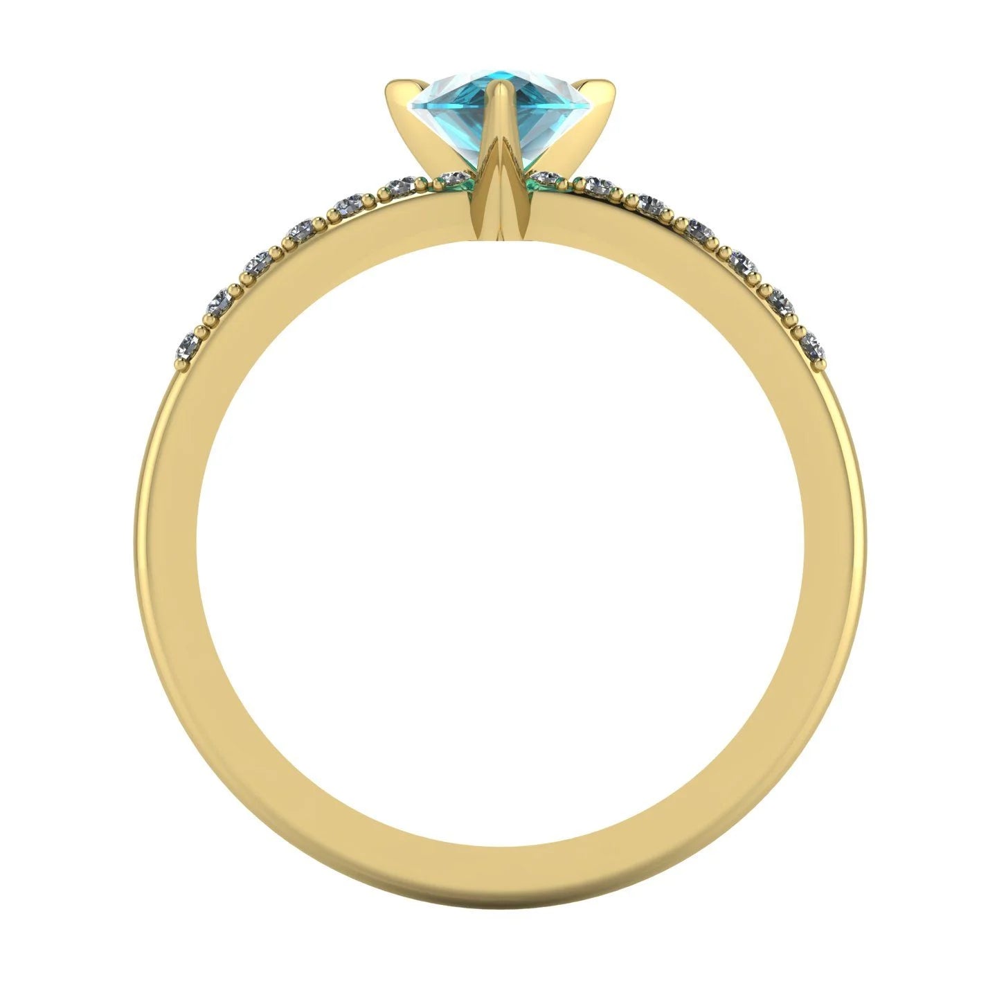 Through-finger view of the 18ct gold Calista pear teal sapphire ring, showing the clean interior under-gallery and setting structure.