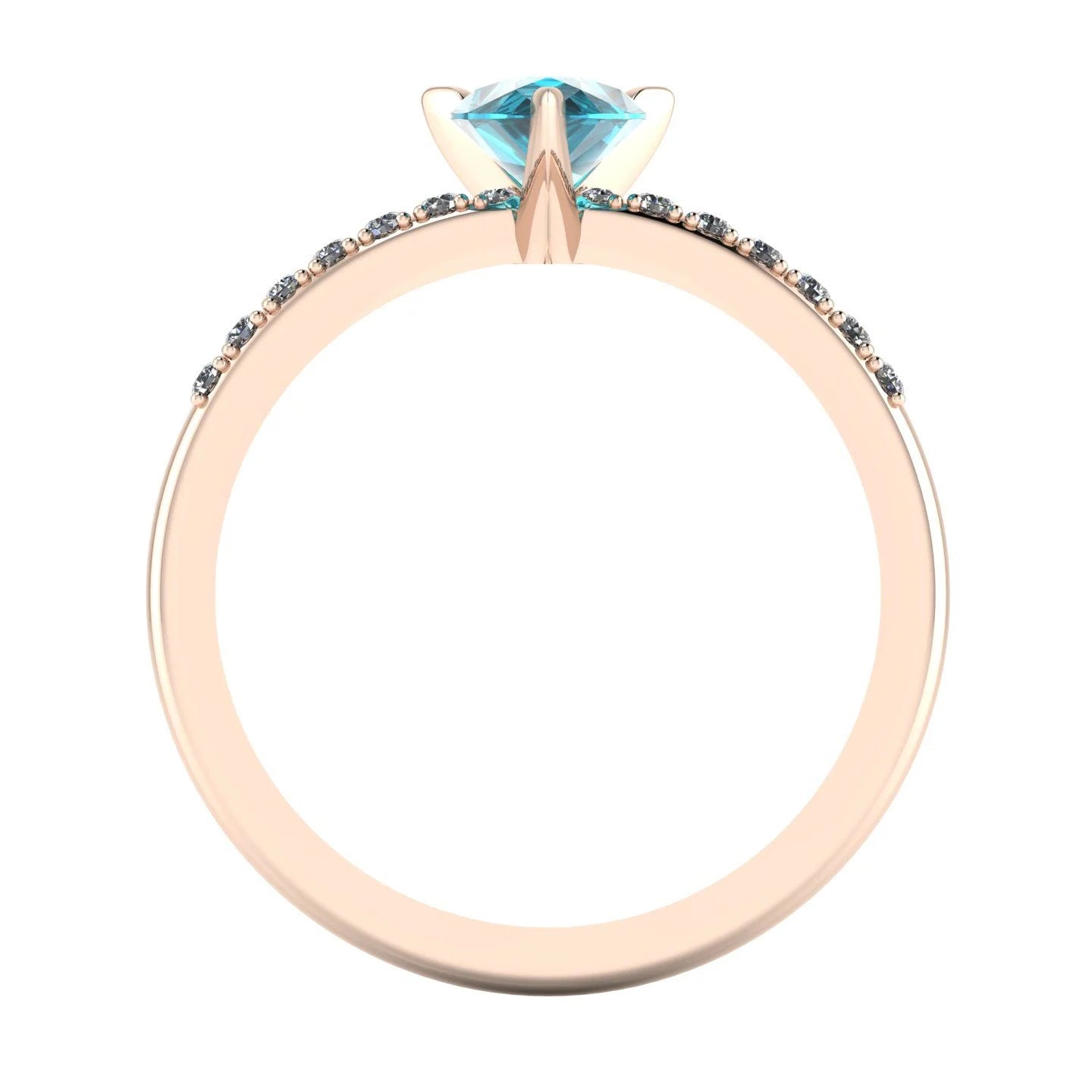 Through-finger view of the 18ct rose gold Calista pear teal sapphire ring, showing the clean interior under-gallery and setting structure.