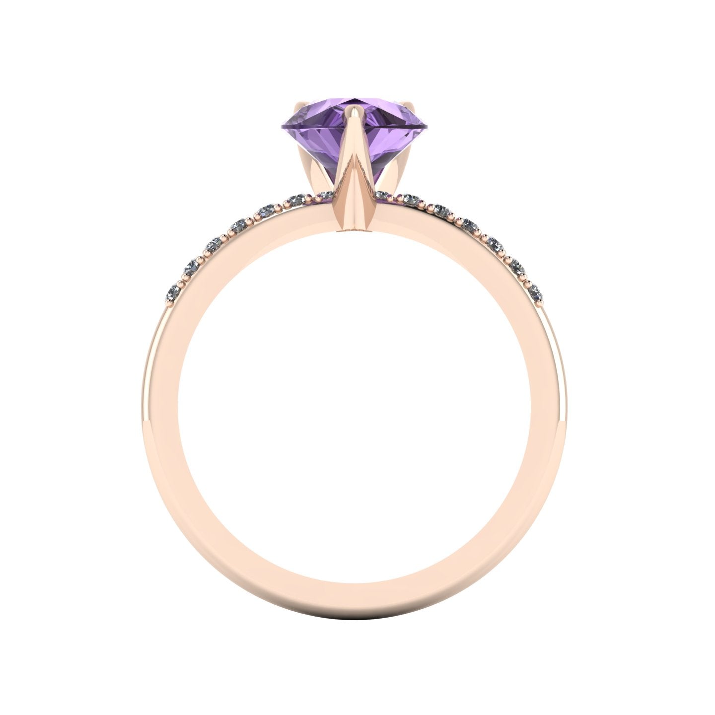 Through-finger view of the 18ct rose gold violet sapphire ring, showing the clean interior under-gallery and precise stone settings.