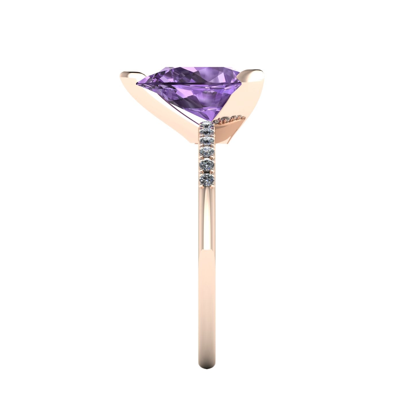 Side profile product photo of the Calista ring, highlighting the secure three-prong basket setting holding the pear-cut violet sapphire.