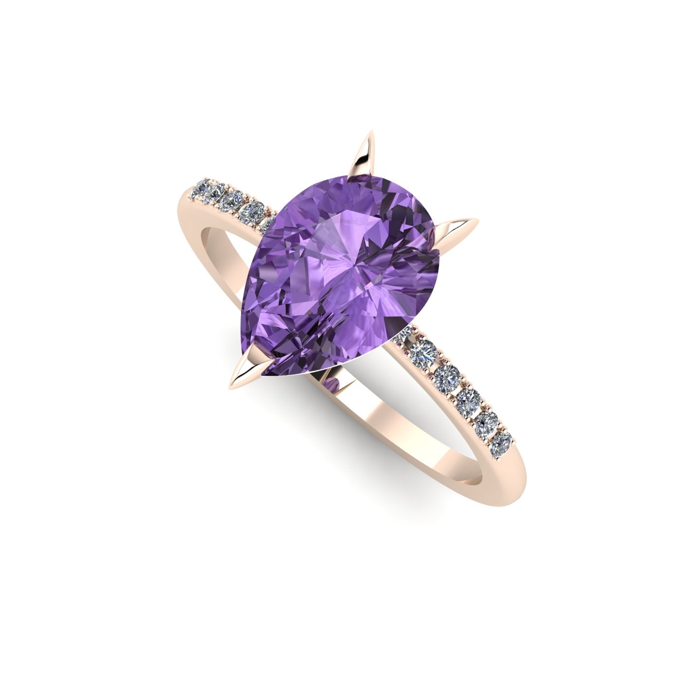 Front three-quarter studio view of the Calista violet sapphire ring, showcasing the brilliant white diamonds pavé-set into the rose gold shoulders.
