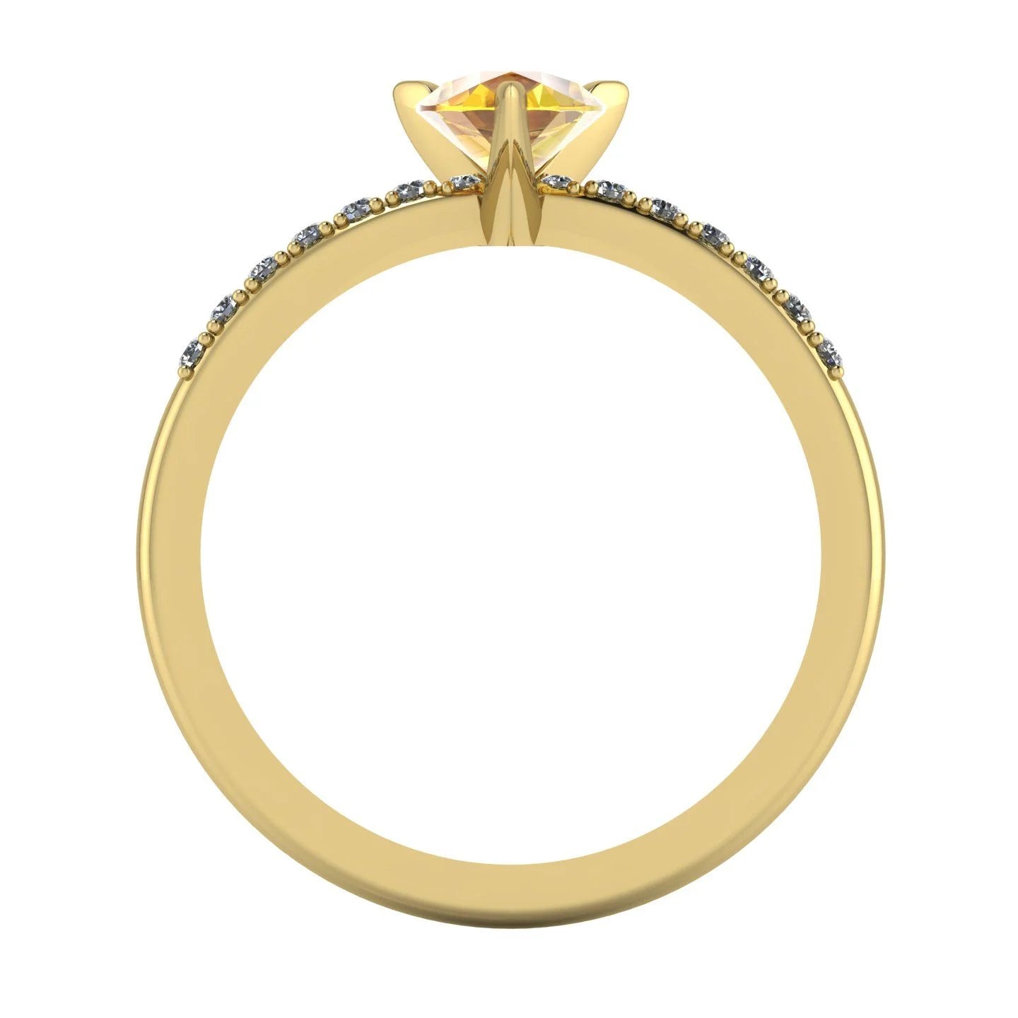 Front view of the yellow gold Calista ring, showcasing the raised basket setting for the pear sapphire and the diamond-set shoulders.