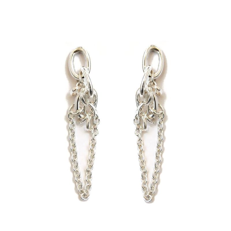 Front view of handmade sterling silver earrings featuring interconnected circular links from the Chain Reaction collection.