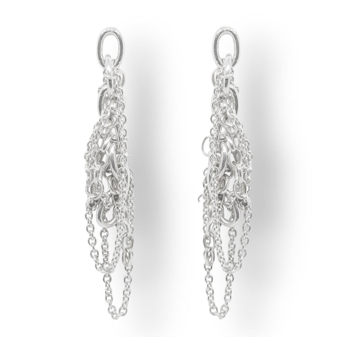 Chain Reaction silver handmade drop earrings on white background, 6.5cm, alternative style by Nude Jewellery