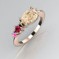 Comet Ring: Pear Shaped Champagne Diamond, Ruby & Pink Sapphire Rose Gold Ring