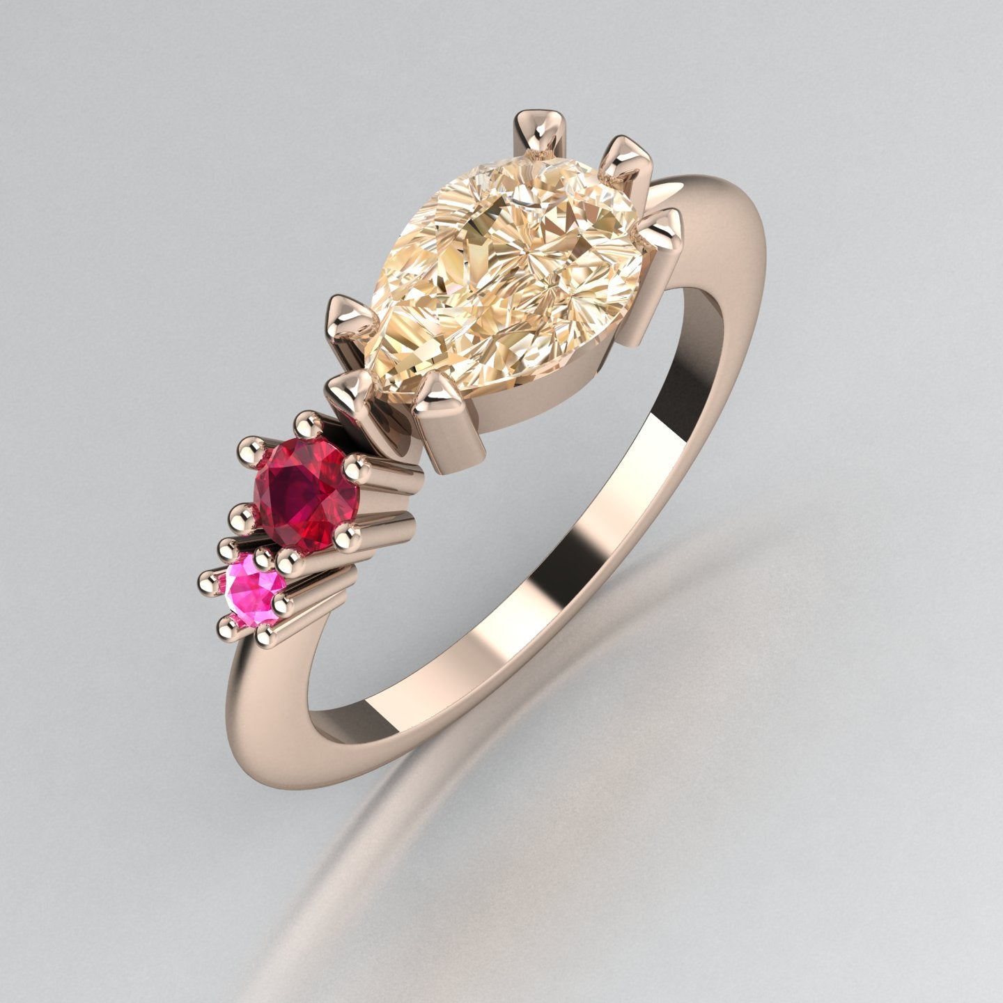 Comet Ring: Pear Shaped Champagne Diamond, Ruby & Pink Sapphire Rose Gold Ring