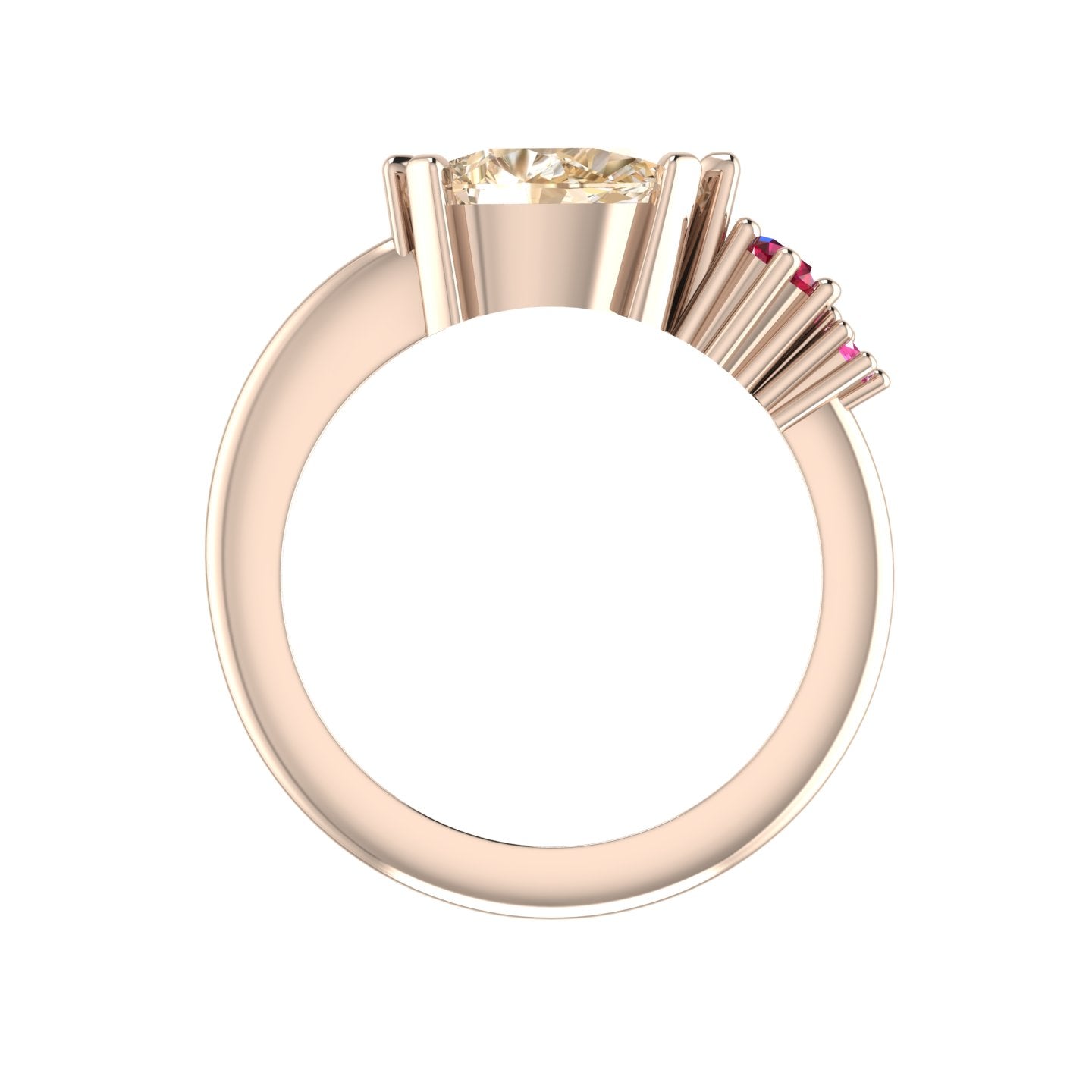 Comet Ring: Pear Shaped Champagne Diamond, Ruby & Pink Sapphire Rose Gold Ring