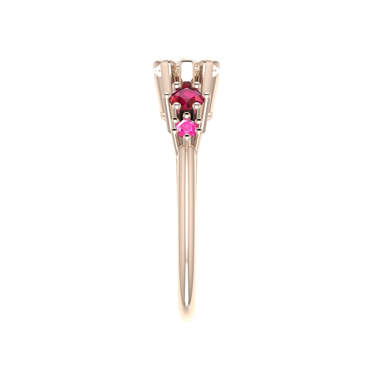 Comet Ring: Pear Shaped Champagne Diamond, Ruby & Pink Sapphire Rose Gold Ring