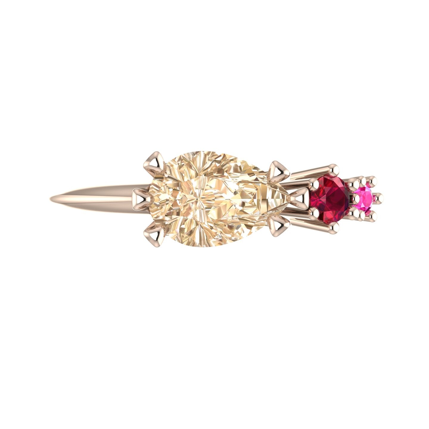 Comet Ring: Pear Shaped Champagne Diamond, Ruby & Pink Sapphire Rose Gold Ring