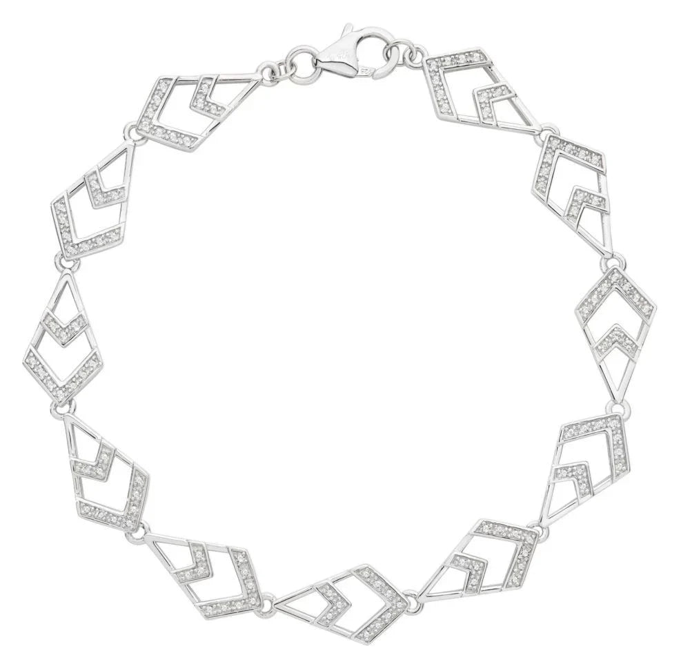 Chrysler sterling silver and white topaz bracelet with open geometric chevron links and a lobster clasp on a white background.