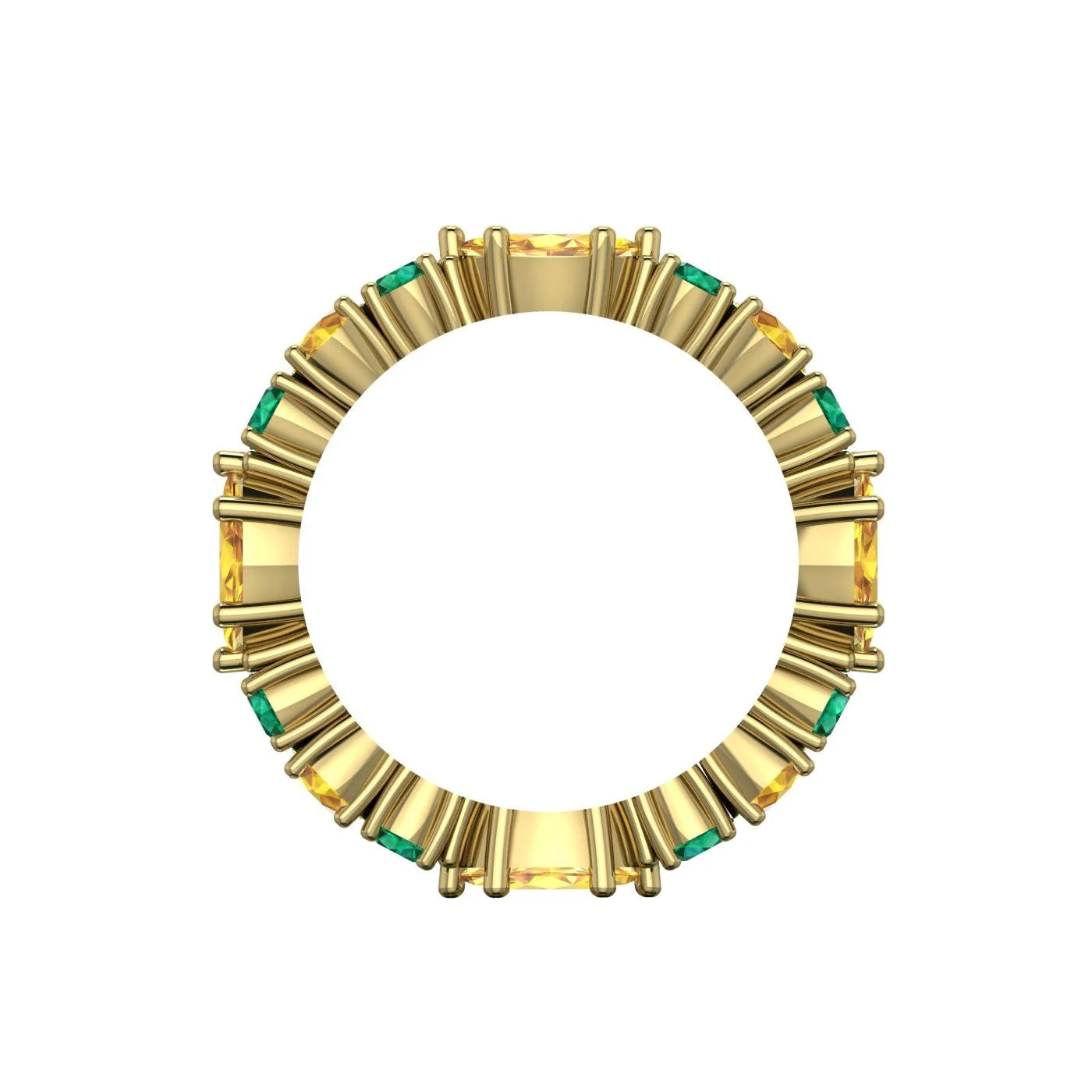 Through finger view of the eternity ring illustrating the rhythmic pattern of alternating emeralds and sapphires in a citrus-inspired palette.