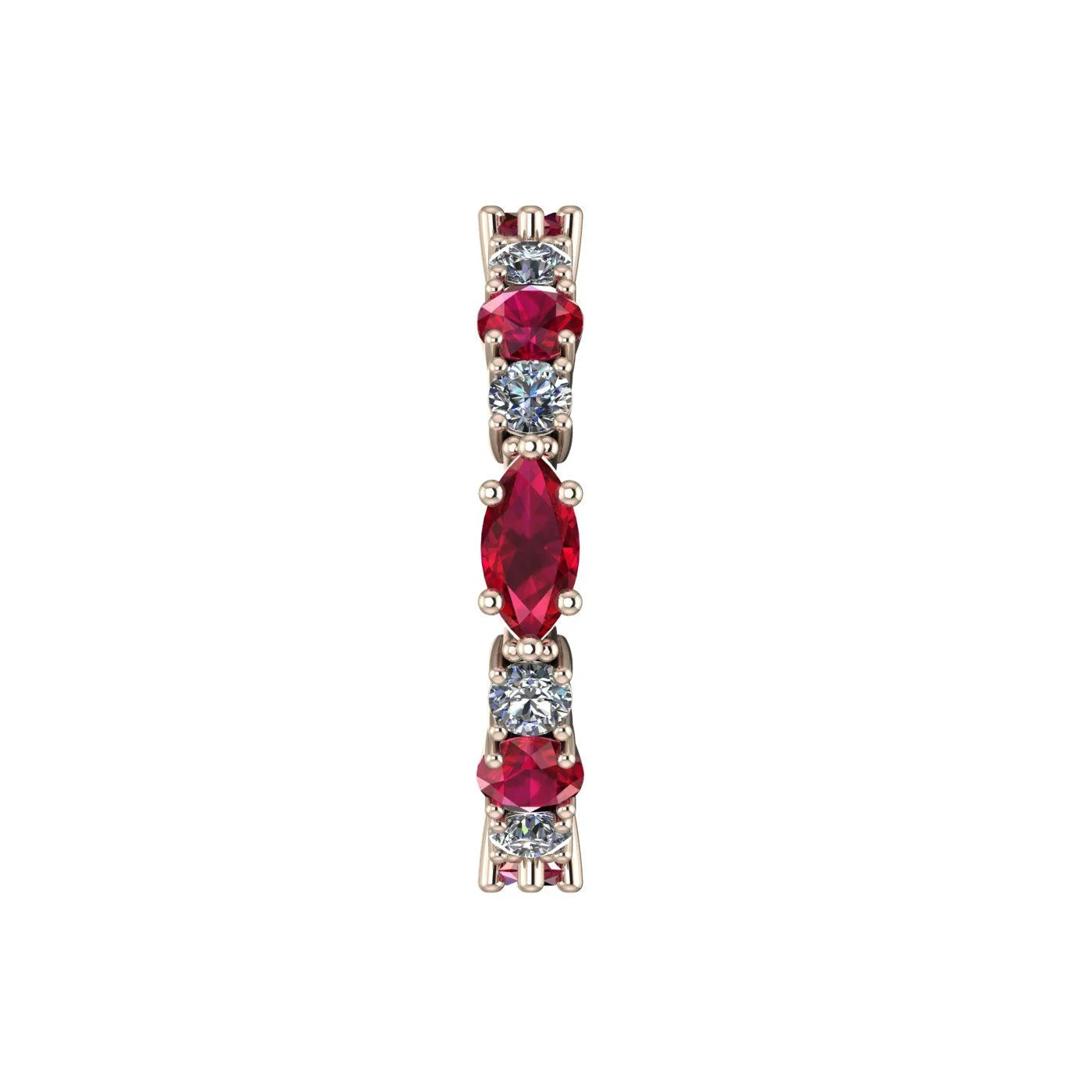 Macro detail of the Allsorts ring showcasing the rich red rubies and white diamonds set in polished rose gold.