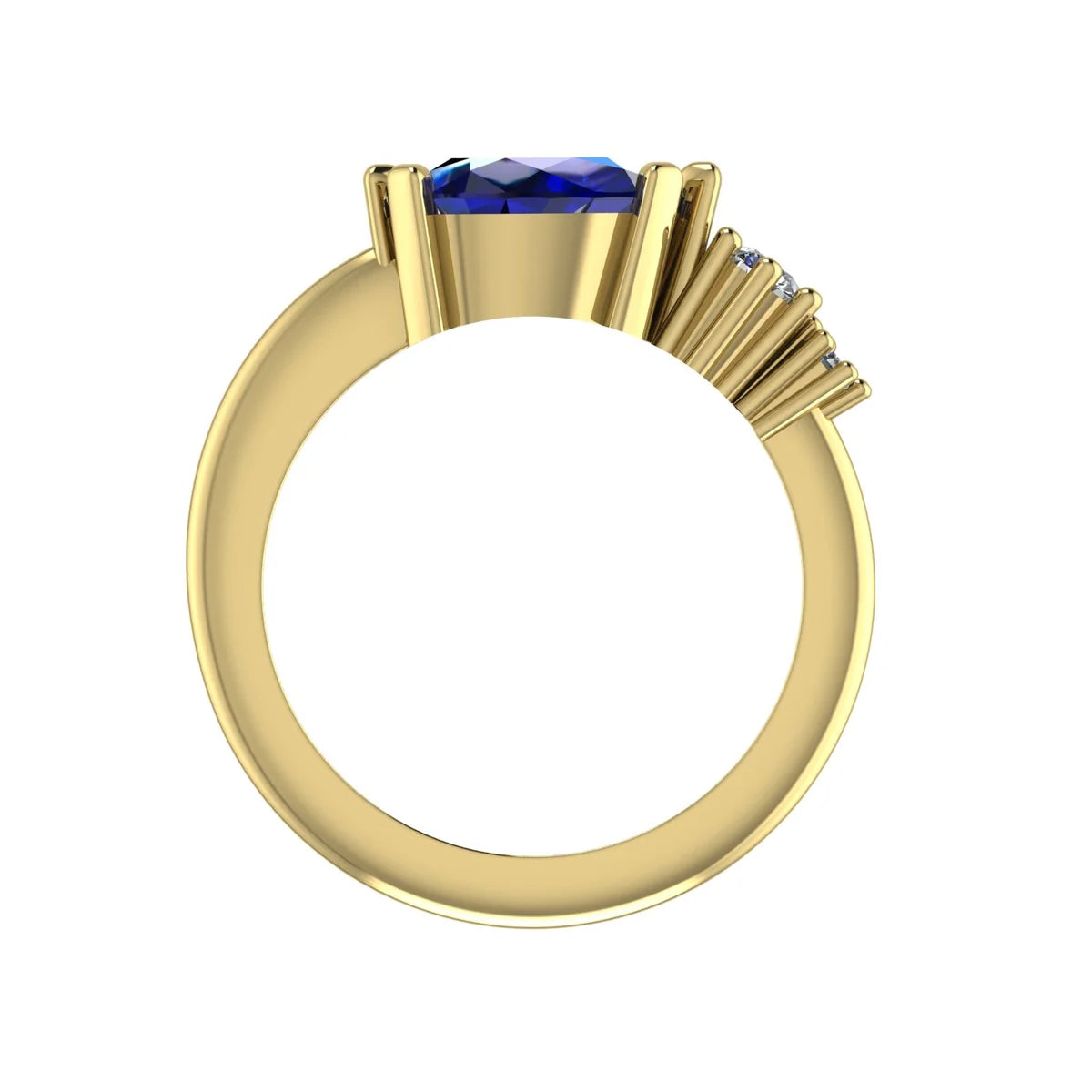 Through-finger view of the Comet yellow gold ring, showing the raised blue sapphire setting and stepped diamond settings above the polished band.
