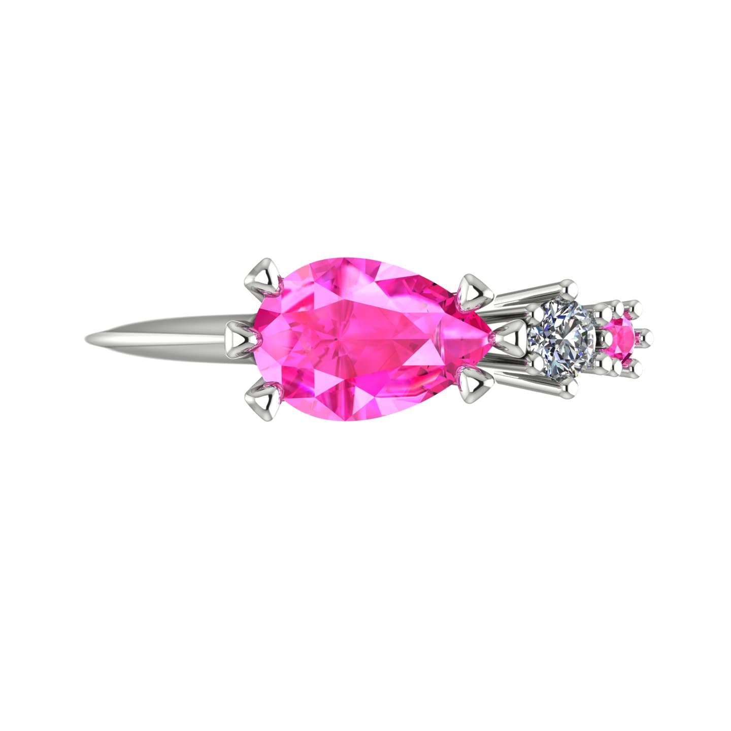 Top-down view of the Comet asymmetrical ring showing pear shaped pink sapphire set east-west with round diamond and pink sapphire trailing accent stones in white gold