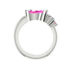 Front-on view of the Comet asymmetrical ring looking down the white gold shank, highlighting the diamond and pink sapphire cluster setting