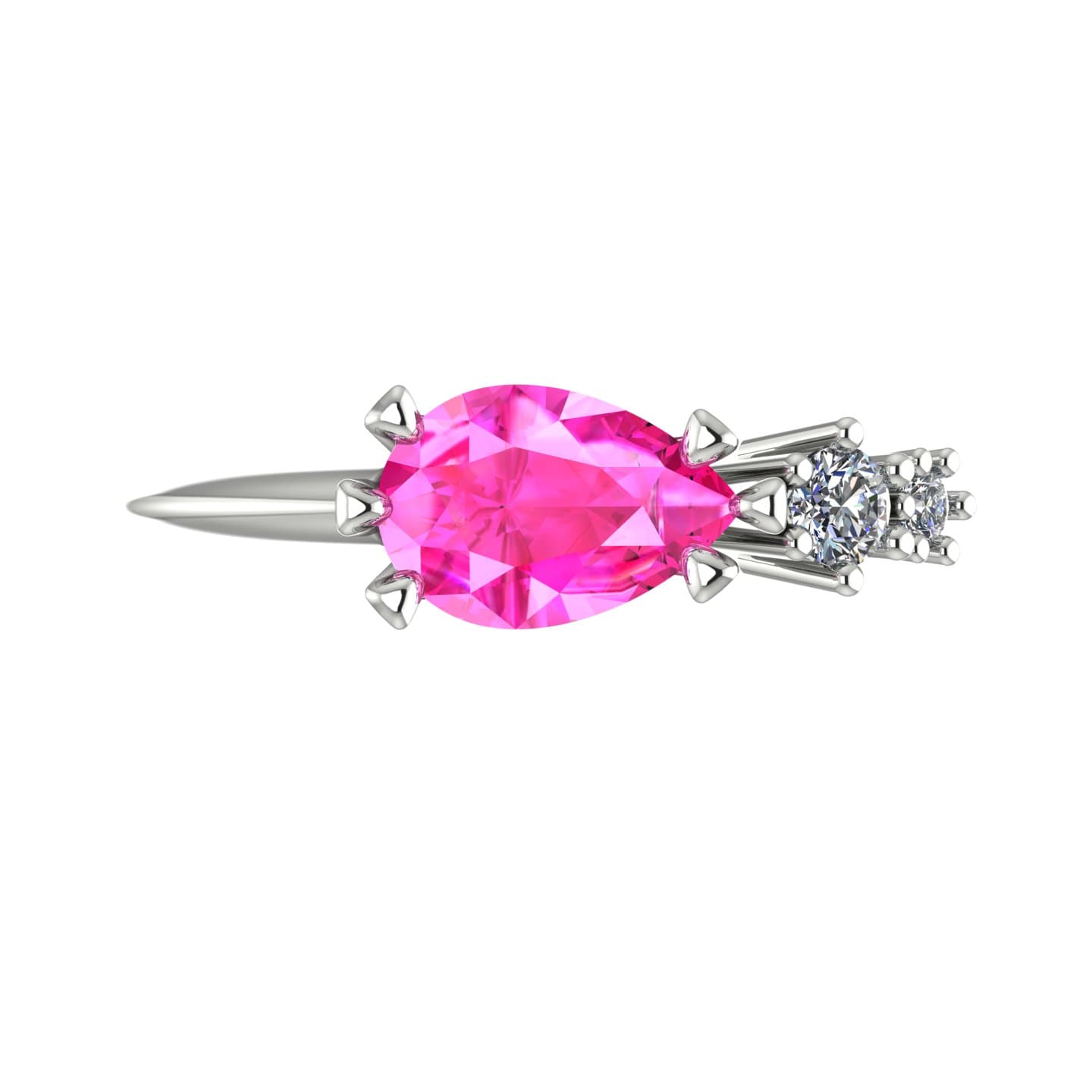 Top-down view of the Comet ring showing the pear shaped pink sapphire set east-west with two graduating round diamonds trailing to one side in white gold