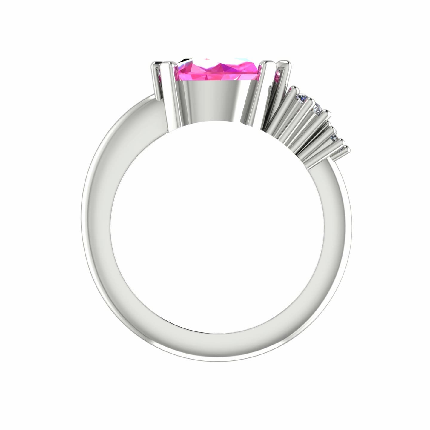 Front-on view of the Comet asymmetrical ring looking down the white gold shank, highlighting the two graduating diamond accent stones