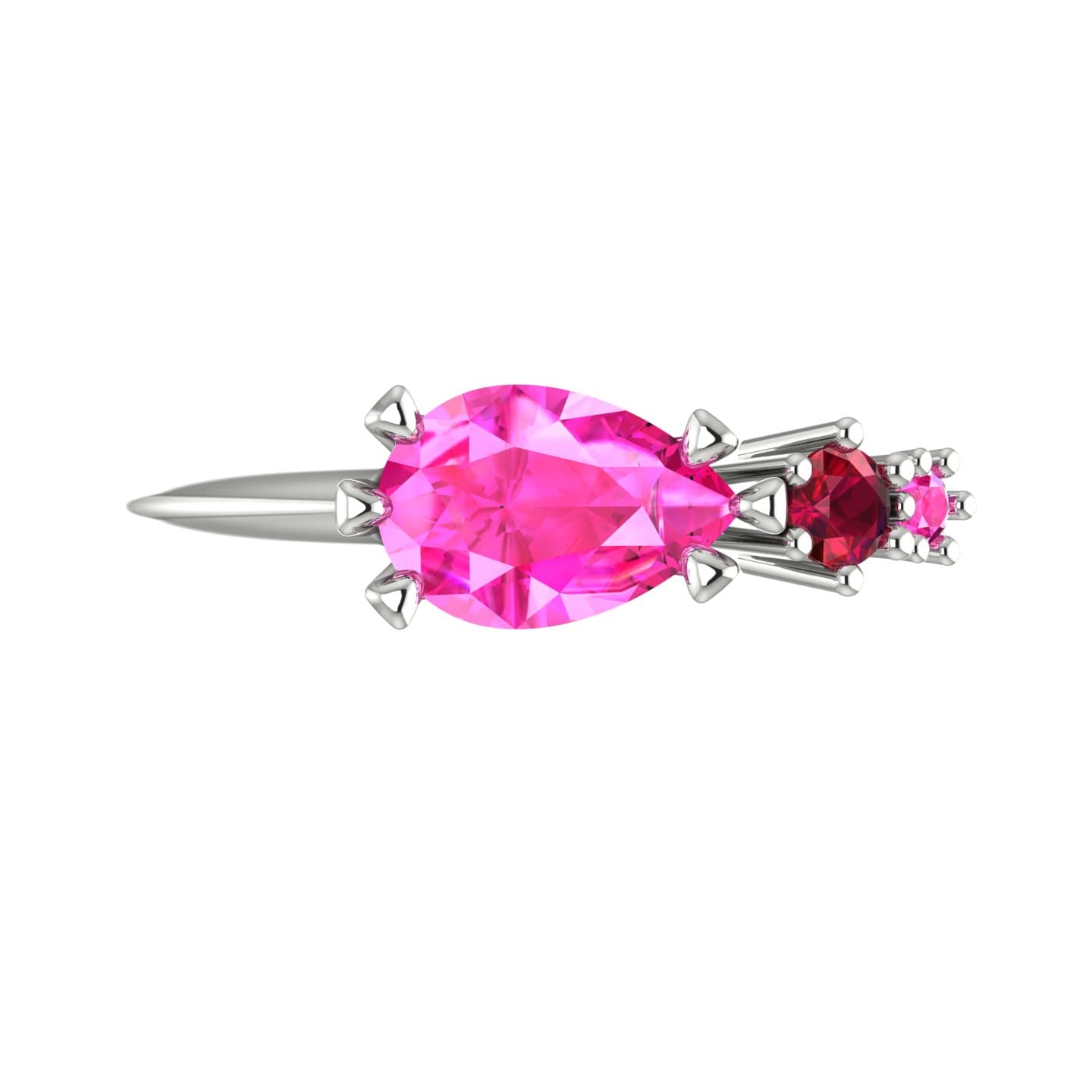 Top view of the Comet asymmetrical ring showing pear shaped pink sapphire set east-west with round ruby and pink sapphire accent stones in white gold