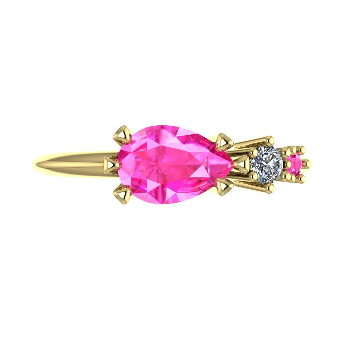 Top view of the Comet yellow gold ring, showing an east-west pear-shaped pink sapphire beside a round white diamond and smaller pink sapphire.