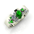 Crystallised tsavorite and diamond cluster wide band engagement ring in 18ct white gold, angled view — Nude Jewellery London