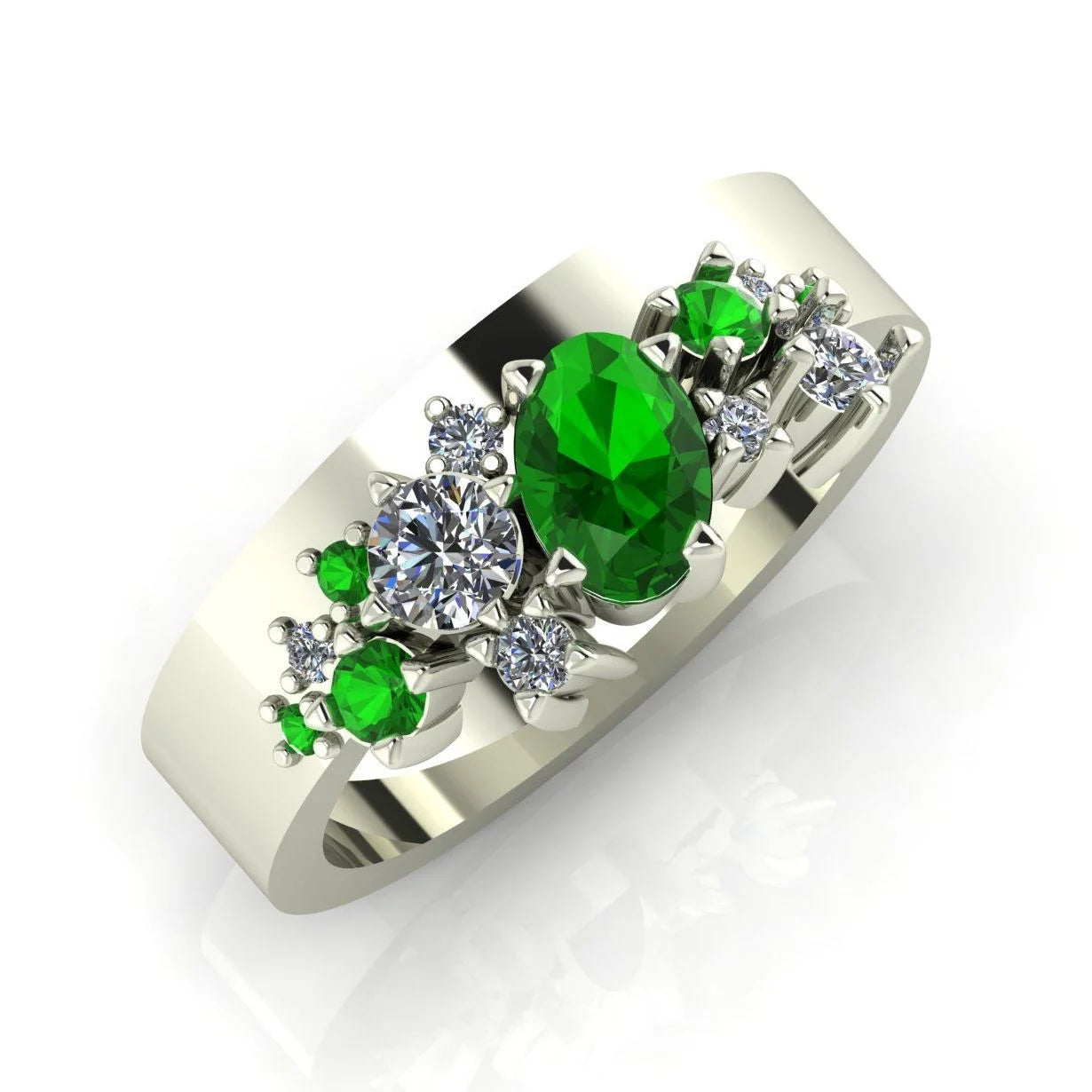 Crystallised tsavorite and diamond cluster wide band engagement ring in 18ct white gold, angled view — Nude Jewellery London