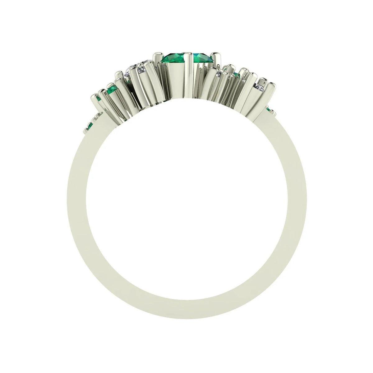Front view of the Crystallised wide band ring with oval tsavorite centre stone and asymmetric diamond and tsavorite cluster, 18ct white gold