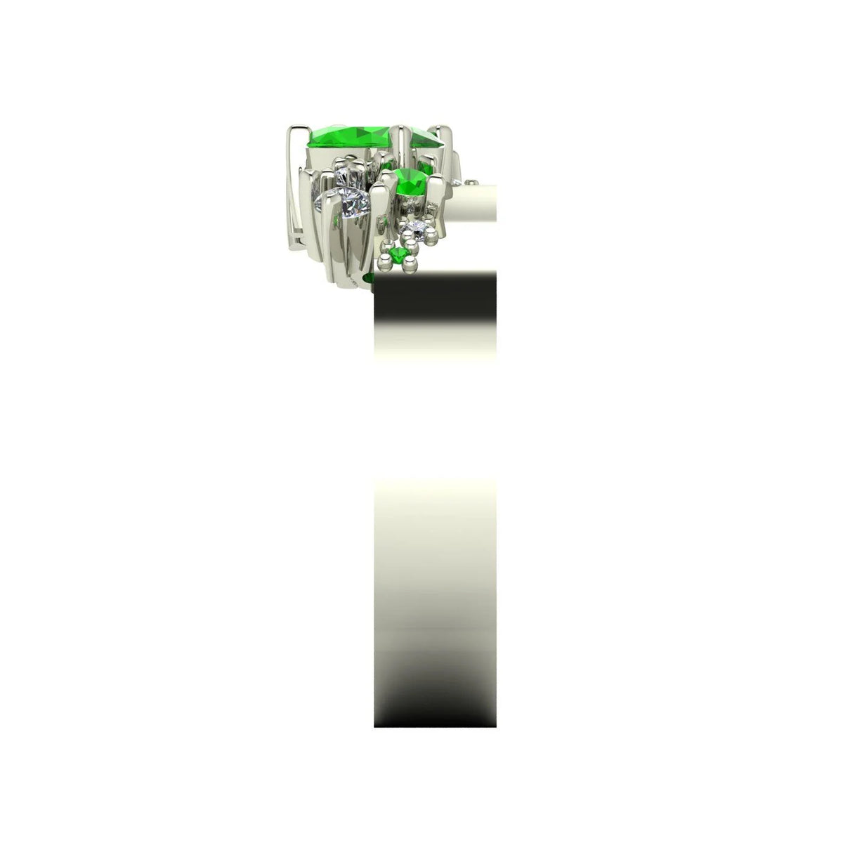 Side profile of the Crystallised wide band ring showing the depth of the tsavorite and diamond cluster setting