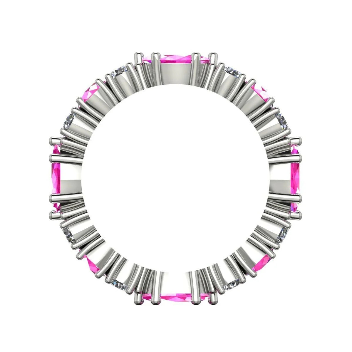Macro detail of the Raspberry Ripple ring showcasing the pink sapphires and white diamonds in a polished white metal setting.